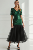 Sparkly Dark Green Tulle V-Neck Sheath Long Prom Dress with Sequin