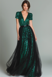 Sparkly Dark Green V-Neck Sequin A Line Long Formal Dress with Sleeves