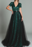 Sparkly Dark Green V-Neck Sequin A Line Long Formal Dress with Sleeves