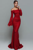 Red Cold Shoulder Mermaid Long Formal Dress with Long Sleeves