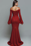 Red Cold Shoulder Mermaid Long Formal Dress with Long Sleeves