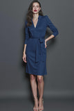 Navy Pencil Collar Neck Short Work Dress with Sash