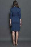 Navy Pencil Collar Neck Short Work Dress with Sash