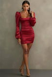 Red Bodycon Satin Short Cocktail Dress with Long Sleeves