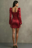 Red Bodycon Satin Short Cocktail Dress with Long Sleeves