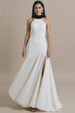 White A Line High Neck Long Formal Dress with Slit