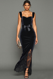 Black Velvet Mermaid Long Holiday Party Dress with Bow