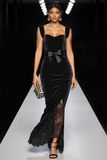 Black Velvet Mermaid Long Holiday Party Dress with Bow
