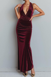 Cabernet Velvet Mermaid Halter Long Holiday Party Dress