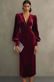 Cabernet Velvet Sheath Long Sleeve Midi Formal Dress