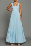 Sky Blue Pleated A Line Long Formal Dress