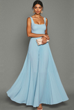 Sky Blue Pleated A Line Long Formal Dress