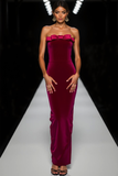 Cabernet Velvet Strapless Long Holiday Party Dress with Bow