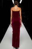Cabernet Velvet Strapless Long Holiday Party Dress with Bow