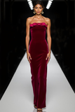 Cabernet Velvet Strapless Long Holiday Party Dress with Bow