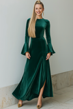 Dark Green Velvet Long Sleeve Formal Dress with Slit