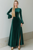 Dark Green Velvet Long Sleeve Formal Dress with Slit