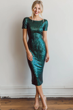 Sparkly Sequin Dark Green Sheath Midi Cocktail Dress