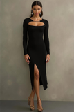 Black Sheath Midi Formal Dress with Long Sleeves