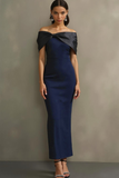 Navy Sheath Off the Shoulder Long Formal Dress with Bow