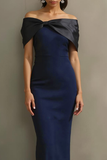 Navy Sheath Off the Shoulder Long Formal Dress with Bow