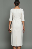 White Sheath Bateau Neck Midi Formal Dress