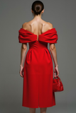 Red Sheath Off the Shoulder Midi Formal Dress