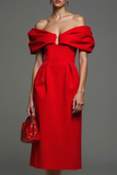 Red Sheath Off the Shoulder Midi Formal Dress