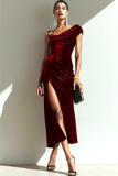 Cabernet Ruched Asymmetrical Neck Long Evening Dress with Slit