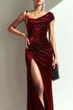 Cabernet Ruched Asymmetrical Neck Long Evening Dress with Slit