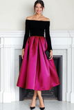 Fuchsia Black Velvet Off the Shoulder Long Evening Dress with Long Sleeves