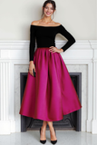 Fuchsia Black Velvet Off the Shoulder Long Evening Dress with Long Sleeves