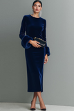 Dark Blue Round Neck Velvet Sheath Maxi Formal Dress with Long Sleeves
