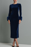 Dark Blue Round Neck Velvet Sheath Maxi Formal Dress with Long Sleeves