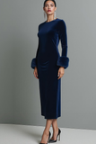 Dark Blue Round Neck Velvet Sheath Maxi Formal Dress with Long Sleeves