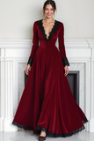Cabernet Velvet Deep V-Neck Long Sleeve Evening Dress