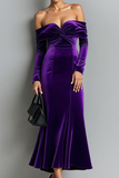 Dark Purple Mermaid Off the Shoulder Velvet Long Evening Dress