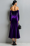 Dark Purple Mermaid Off the Shoulder Velvet Long Evening Dress