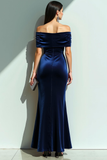 Navy Mermaid Velvet Off the Shoulder Maxi Evening Dress