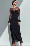 Black Chiffon Sheath Boat Neck Long Formal Dress with Sleeves