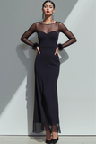 Black Chiffon Sheath Boat Neck Long Formal Dress with Sleeves
