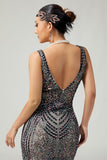 Black Apricot Fringed Bodycon 1920s Dress With Sequins