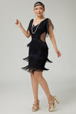 V-Neck Black Tiered Fringed Cut-Out 1920s Dress With Sequins