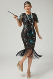 Sparkly Black Blue Fringed 1920s Dress With Short Sleeves
