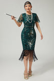 Sparkly Dark Green Pencil 1920s Dress With Fringes