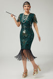Sparkly Dark Green Pencil 1920s Dress With Fringes