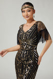Black Golden V-Neck 1920s Dress With Sequins and Fringes