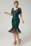 Dark Green Sequined Bodycon Fringed 1920s Dress With Short Sleeves