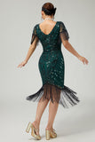 Dark Green Sequined Bodycon Fringed 1920s Dress With Short Sleeves