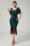 Dark Green Sequined Bodycon Fringed 1920s Dress With Short Sleeves